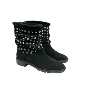 Stuart Weitzman | Arctica 5 Narrow Black Faux Fur Studded Slouchy Pull On Boots